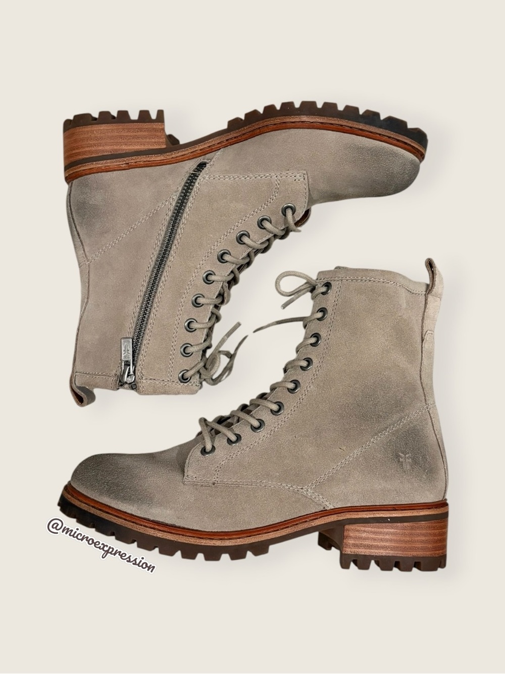 $389 Frye Veronica Combat Lace Up Grey Tan Real Suede Soft Leather Ankle Boot
